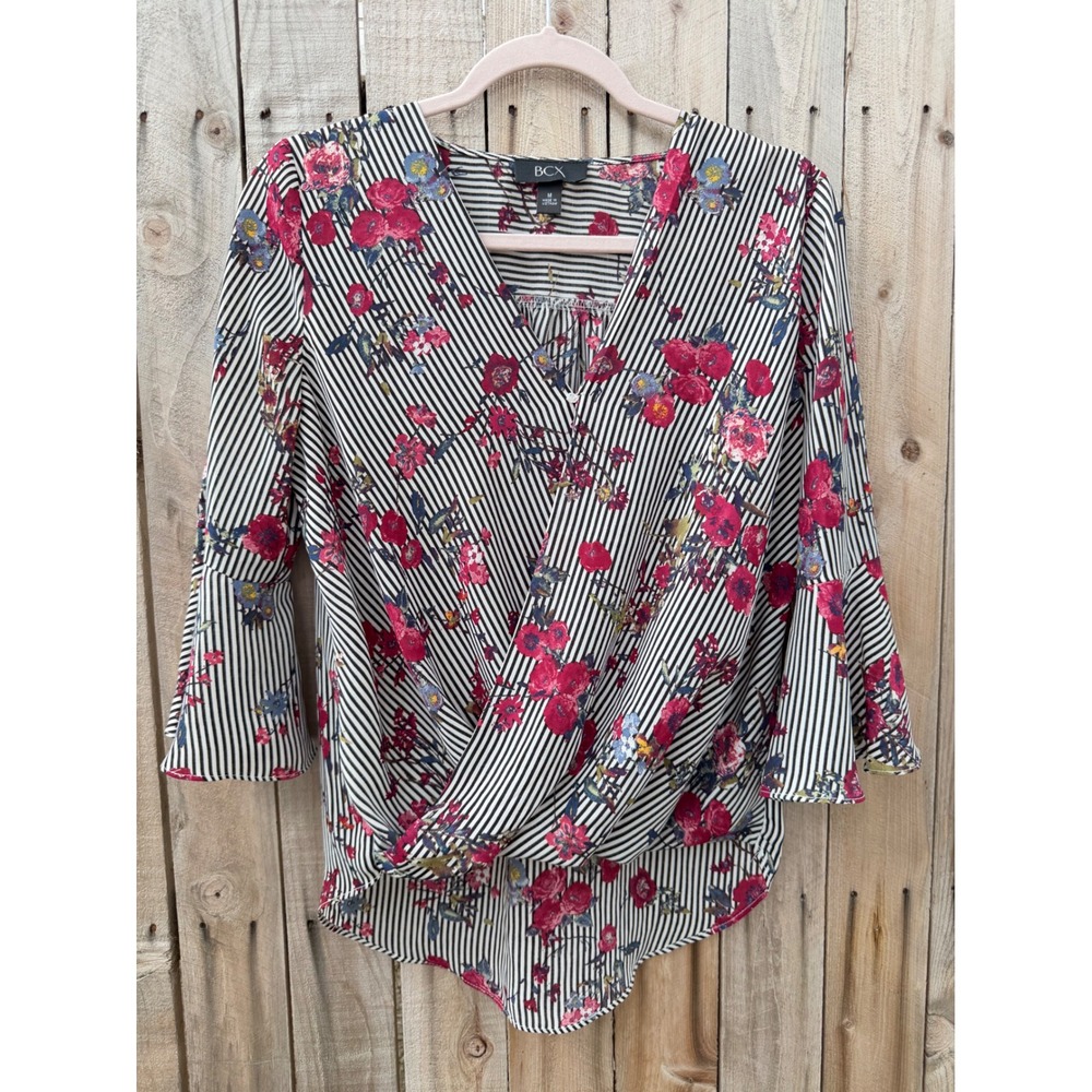 BCX Medium Floral Striped Twist Front Blouse Boho Bell Sleeve Retro V-Neck Top